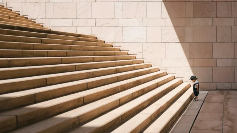 A person taking a first step on a staircase
