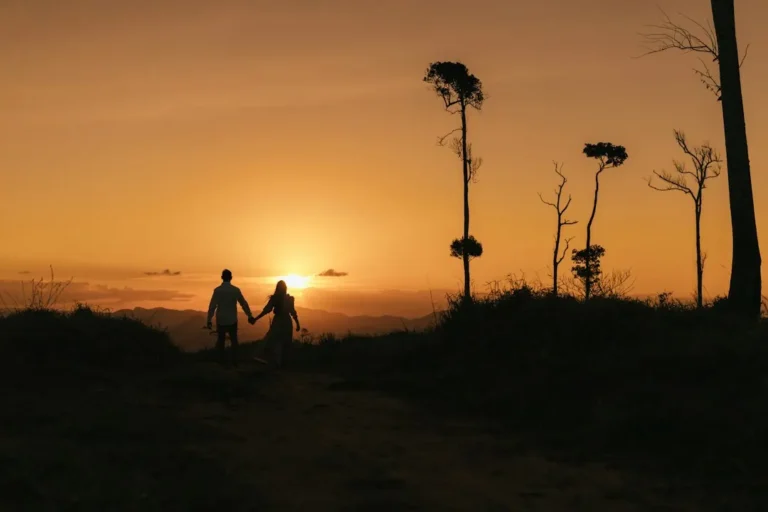 A long-term couple walking together at sunset